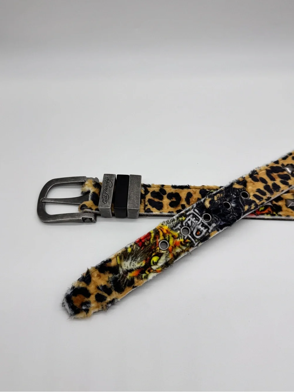 Ed Hardy Belt Size 34 Tiger Leopard Print Studded Faux Fur Rhinestone Buckle NWT